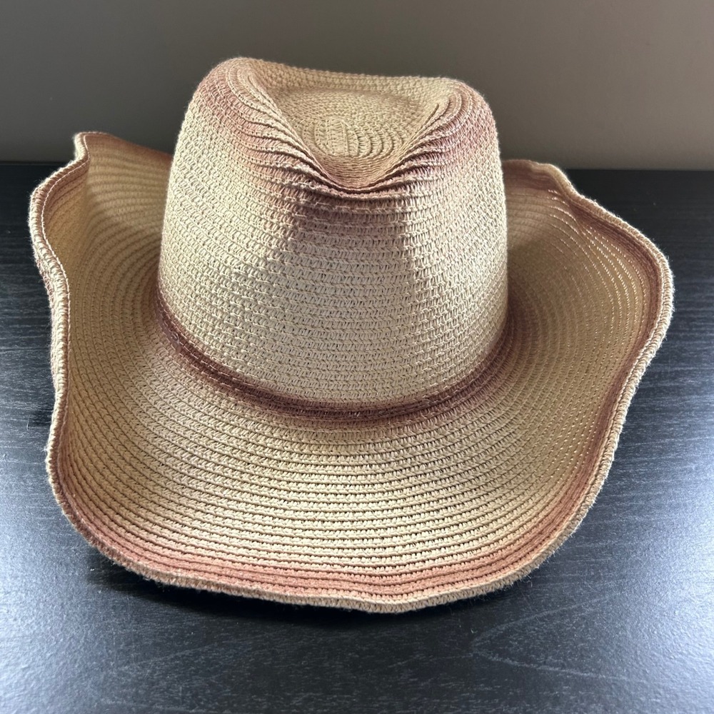 Tan Woven Straw Cowboy Hat Ombre Brown Trim Western Sun Hat 57cm